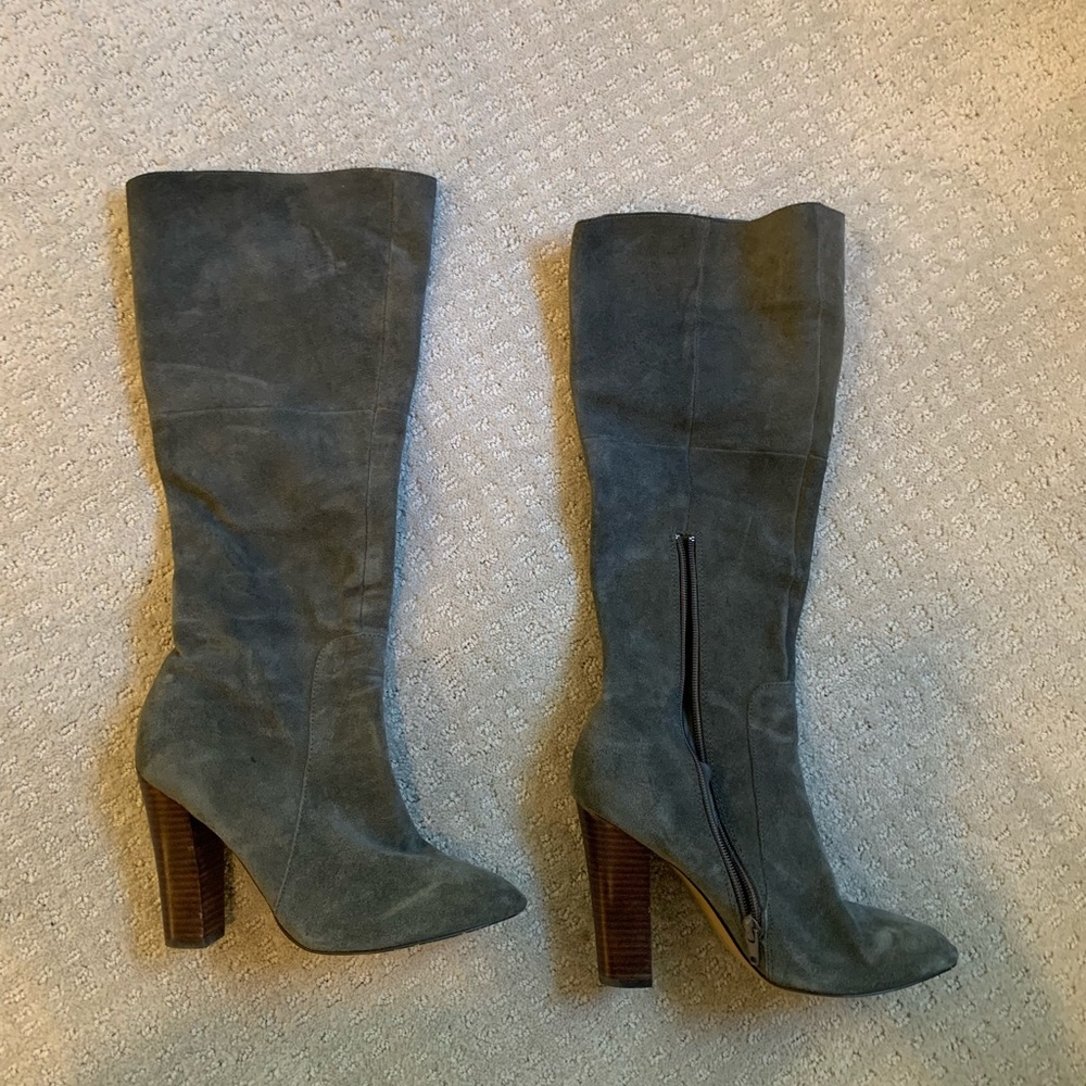 Grey suede stacked heel boots